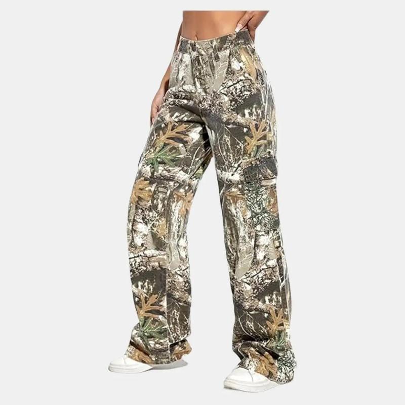 PINKYMOOR sports camouflage pants low waist wide leg pants workwear straight with pockets camouflage women's pants women's comfortable bottoms