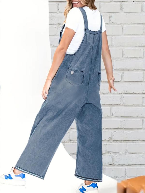 Women's Ripped Raw Hem Pocket   Denim Overalls, Casual Comfy Wide Leg Overalls for Daily Wear, Ladies Clothes for All Seasons