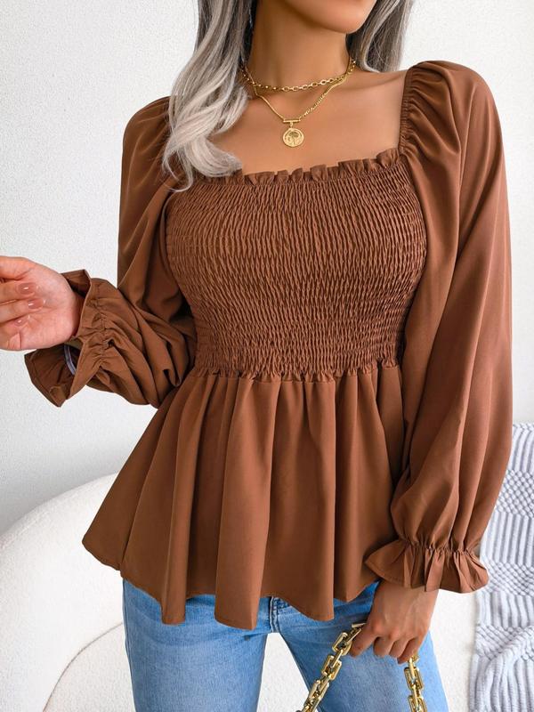  Women's Shirred Square Neck Chiffon Blouse, Chic Frill Trim Flounce Sleeve Peplum Top 2024 Fall, Back To School Going Out Tops, Comfort Ruffled Womenswear, Casual Outftit Ideas, Fall Outfits, Fallfreshness