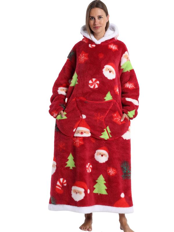 Women's Christmas Themed Print Drop Shoulder Flannel Hooded Dressing Gown, Casual Comfy Long Sleeve Pocket Thermal Lined Hooded Nightgown for Fall & Winter, Women's Sleepwear for Indoor Wear