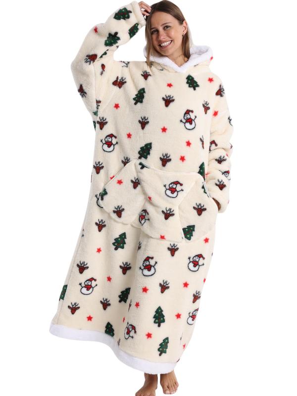 Women's Christmas Themed Print Drop Shoulder Flannel Hooded Dressing Gown, Casual Comfy Long Sleeve Pocket Thermal Lined Hooded Nightgown for Fall & Winter, Women's Sleepwear for Indoor Wear