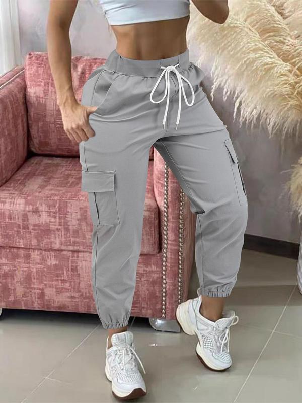 Women's Plain Drawstring Waist Cargo Pants, Casual Pocket Trousers for Daily Wear, Ladies Bottoms for All Seasons