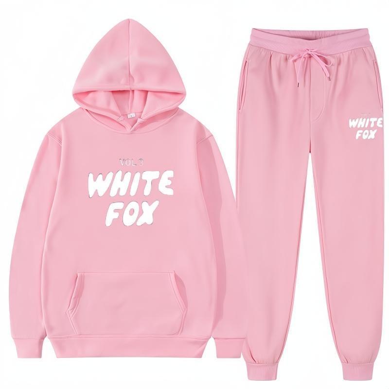 New White Fox Two Piece Outfits for Women Lounge Sets Top and Pants Set Sweatsuits with Pockets