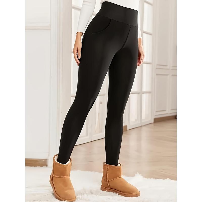 Cozy High-Waist Thermal Pocket Leggings for Women - Activewear Tights & Leggings with Soft Knitted Fabric, Solid Color, and Warmth for Autumn Winter - Perfect for Outdoor Activities and Casual Wear