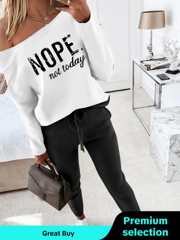 Women's Letter Print One Shoulder Sweatshirt & Drawstring Waist Sweatpants Two-piece Set, Casual Fashion Cozy Drop Shoulder Long Sleeve Pullover & Pocket Pants for Daily Wear, Ladies Fall & Winter Clothes