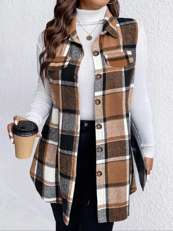  Plaid Print Button Front Pocket Vest Coat, Casual Sleeveless Collared Outerwear for Fall & Winter, Women's Clothes for Daily Wear