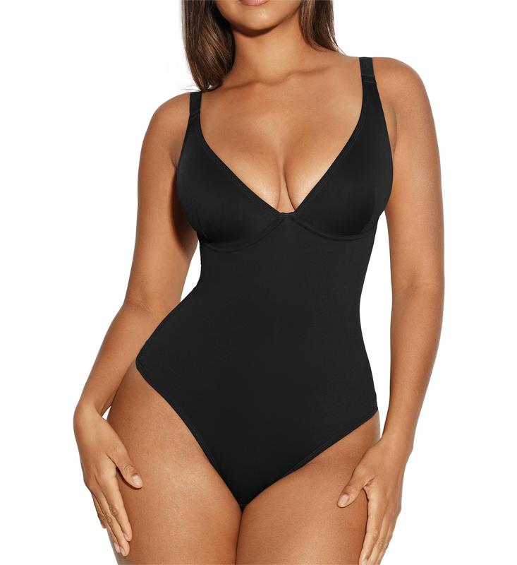 FeelinGirl Women V Neck Bodysuit Thong Tummy Control Shapewear Basic Fabric Fashion Womenswear