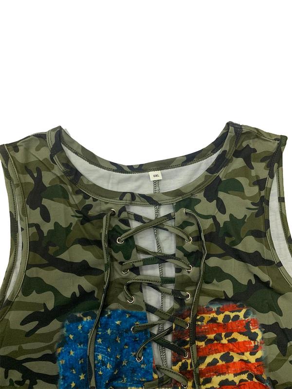 Women's Star & Camo Print Lace Up Tie Front Tank Top, Casual 2000s Y2K Sleeveless Top for Daily Wear, Ladies Clothes for All Seasons