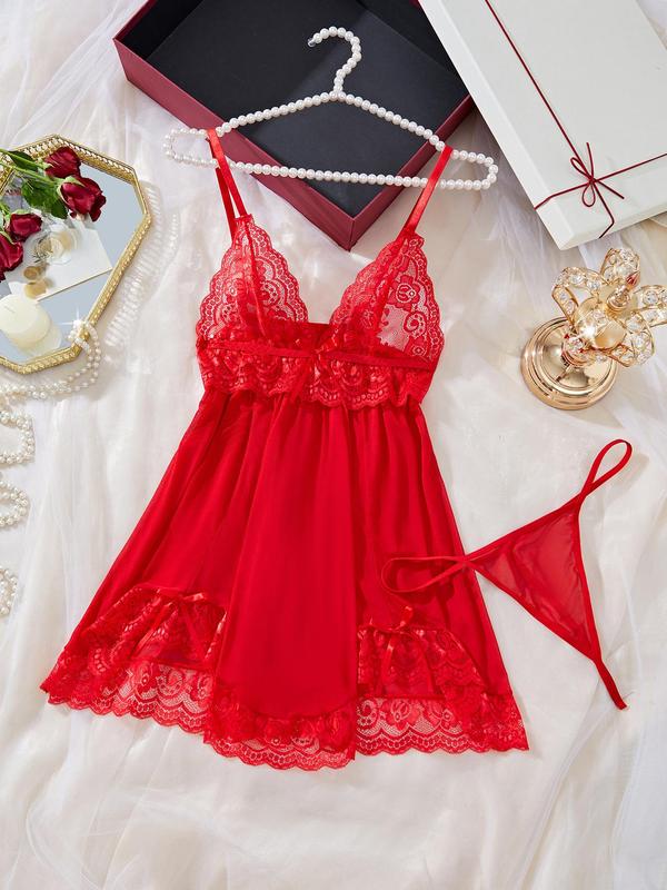 Women's Contrast Lace Bow Decor Cami Nightdress & Sheer Thong Sexy Sleepwear Two-Piece Set, Romantic Comfy Spaghetti Strap Nightgown & Panty Set, Ladies Sleepwear for All Seasons