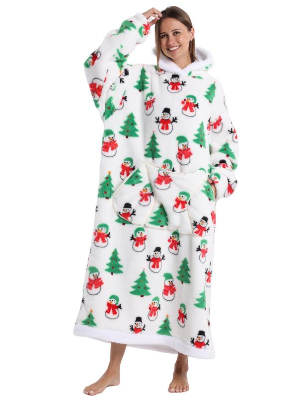 Women's Christmas Themed Print Drop Shoulder Flannel Hooded Dressing Gown, Casual Comfy Long Sleeve Pocket Thermal Lined Hooded Nightgown for Fall & Winter, Women's Sleepwear for Indoor Wear