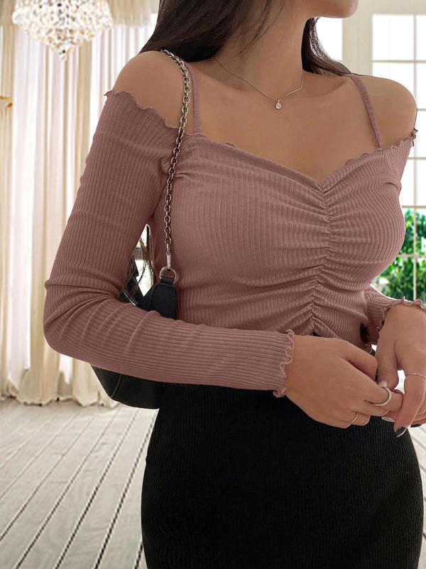 Women's Plain Ruched Lettuce Trim Cold Shoulder Tee, Fashion Top, Casual Long Sleeve T-shirt for Daily Outdoor Wear, Ladies Clothes for All Seasons