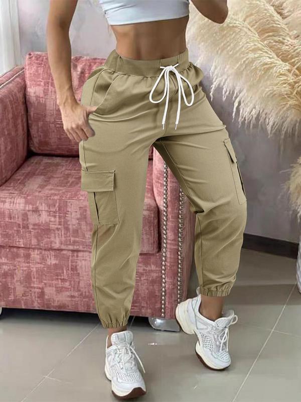 Women's Plain Drawstring Waist Cargo Pants, Casual Pocket Trousers for Daily Wear, Ladies Bottoms for All Seasons