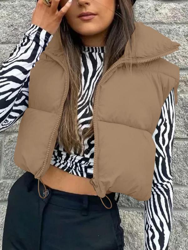 Women's Solid Drawstring Quilted Vest Coat, Casual Funnel Neck Sleeveless Outerwear for Fall & Winter, Women's Clothing for Daily Wear