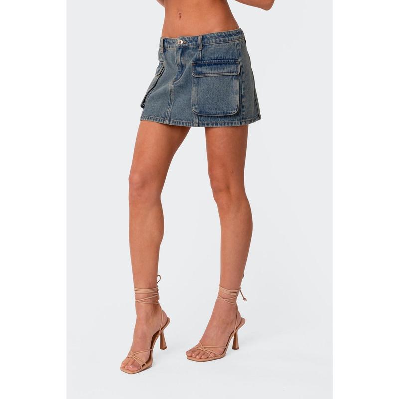 Washed Denim Cargo Mini Skirt