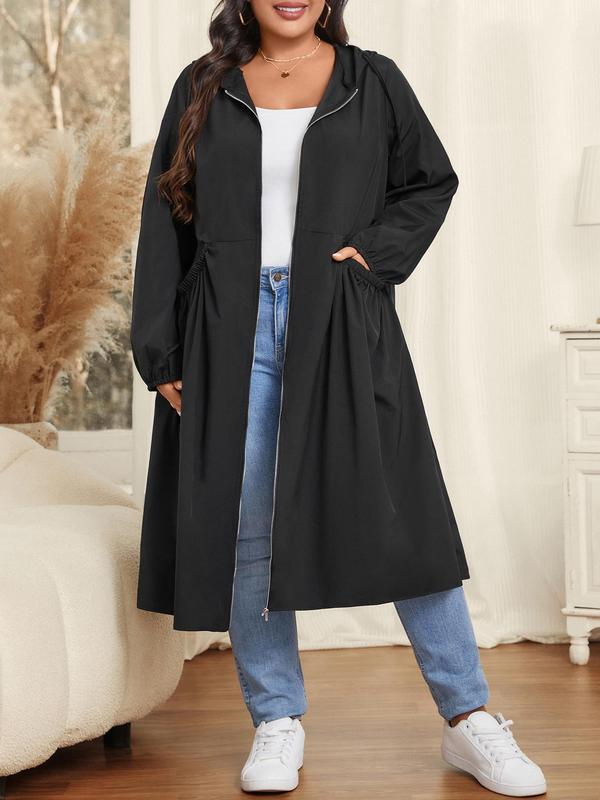 CURVZY Plus Size Solid Bishop Sleeve Zip Up Hooded Jacket, Casual Long Sleeve Pocket Outerwear for Fall & Winter, Women's Clothes for Daily Wear