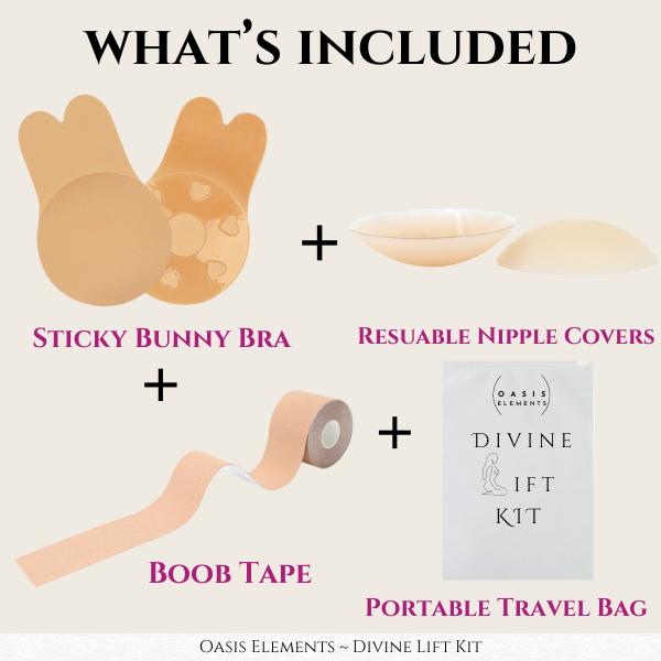 Divine Lift Kit - REUSABLE Sticky Bunny Bra with Boobtape and Reusable Silicone Nipple Covers - Breasts Coverage A-G Cup - Ultimate Breast Lift Set - Portable Travel Bag   Womenswear Seamless Women outfit enhancer Invisible Push-Up Skin Waterproof