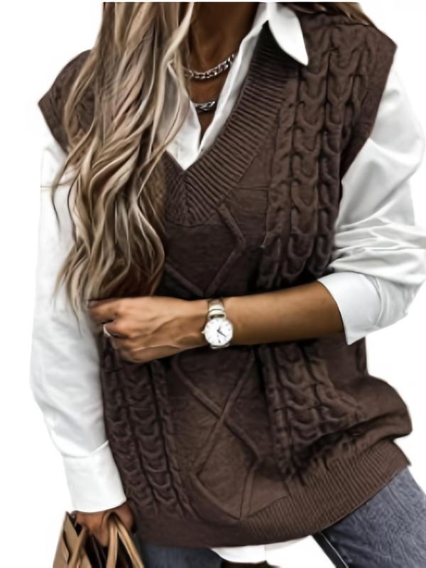 Women's Solid Textured V Neck Sweater Vest, Casual Preppy Cable Knit Pullover for Fall & Winter, Women's Knitwear for Daily Wear, Fall Outfits 2024 Womenswear Tops Comfort Basic Minimalist