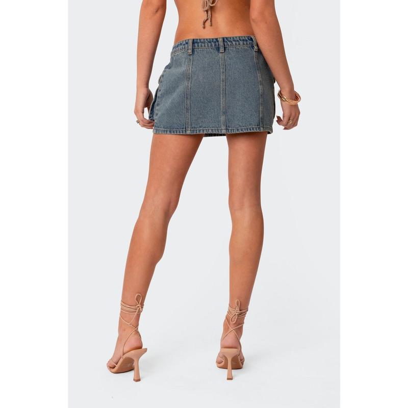 Washed Denim Cargo Mini Skirt