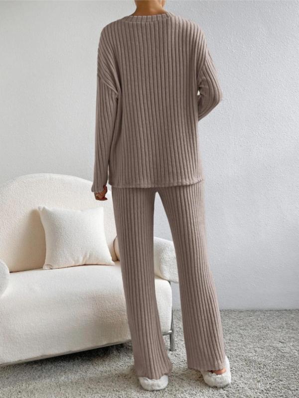 Women's Solid Ribbed Knit Loungewear Two-Piece Set, Casual Comfy Drop Shoulder Long Sleeve Top & Pants PJ Set, Ladies Sleepwear for Spring & Fall