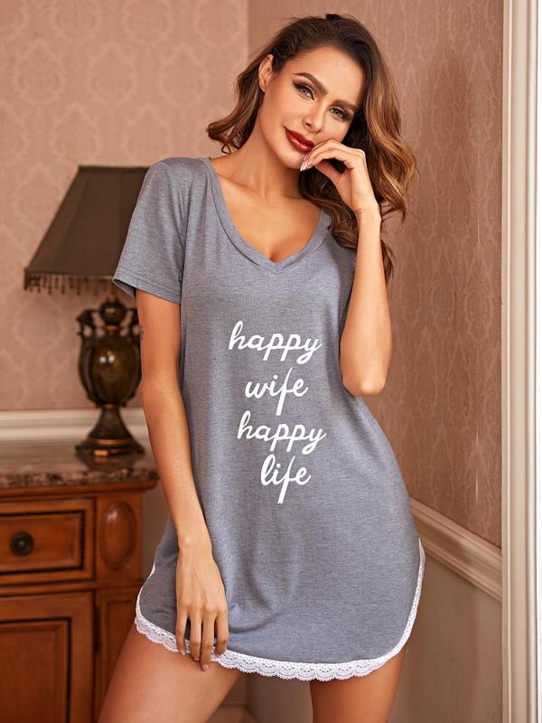 Women's Letter Print Contrast Lace Split Hem Nightdress PJ, Summer Clothes Women Deep V Neck Short Sleeve Nightgown Nighties For Daily Wear, Dresses for Women, Soft Comfy Sleep Tee Dress For Summer