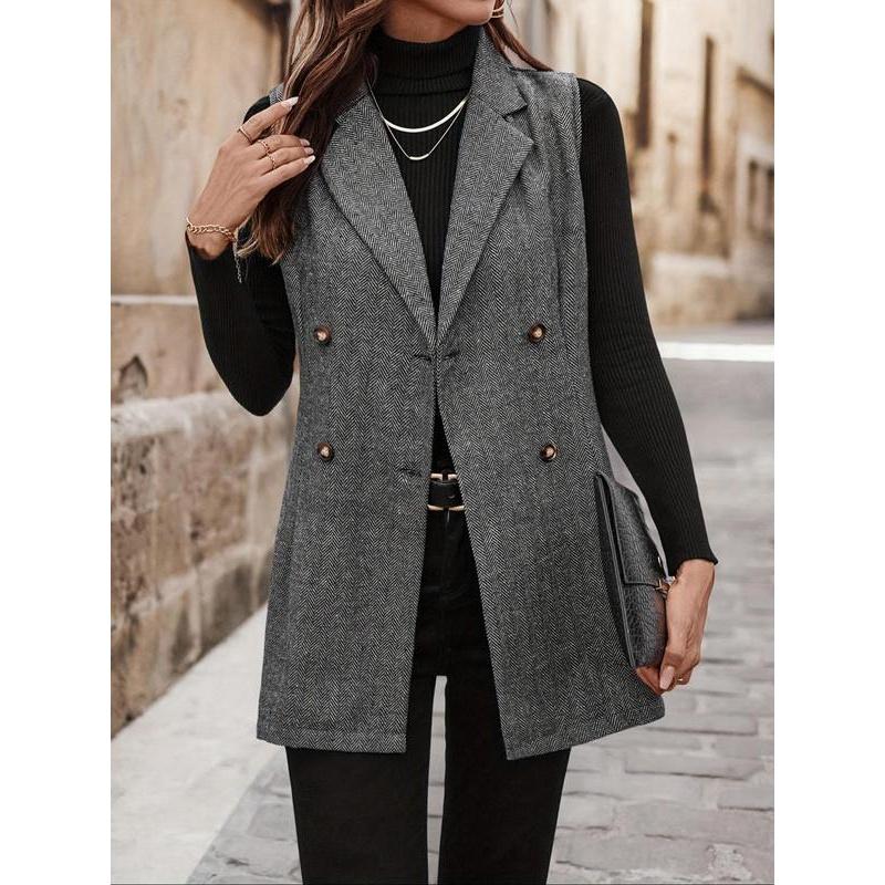 Women's All Over Herringbone Pattern Button Front Vest Blazer, Casual Lapel Neck Sleeveless Outerwear for Daily Wear, Ladies Clothes for All Seasons