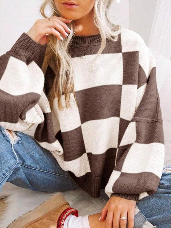 Women's Plaid Print Drop Shoulder Sweater, Casual Long Sleeve Round Neck Jumper for Fall & Winter, Fashion Ladies' Knitwear for Daily Back to School Wear