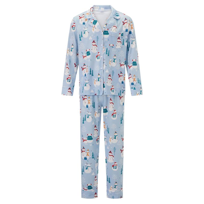 Matching Christmas Pajamas for Family Long Sleeve Snowman Print Shirts Blouse and High Waist Long Pants Set Loungewear