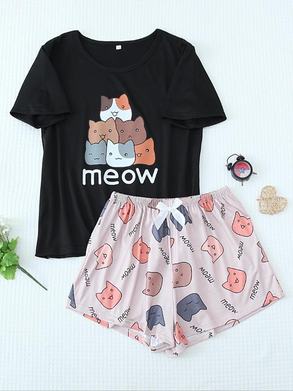 Two-piece Set Women's Cartoon Cat Print Short Sleeve Tee & Bow Decor Shorts Pyjama Set, Cute Casual Comfy Round Neck T-shirt & Elastic Waist Shorts Pj Set, Ladies Sleepwear for All Seasons