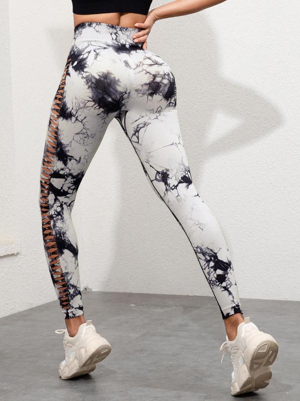 Women's Tie Dye Print Cut Out High Waist Leggings, Casual Fashion Skinny Pants for Daily Wear, Ladies Bottoms for All Seasons