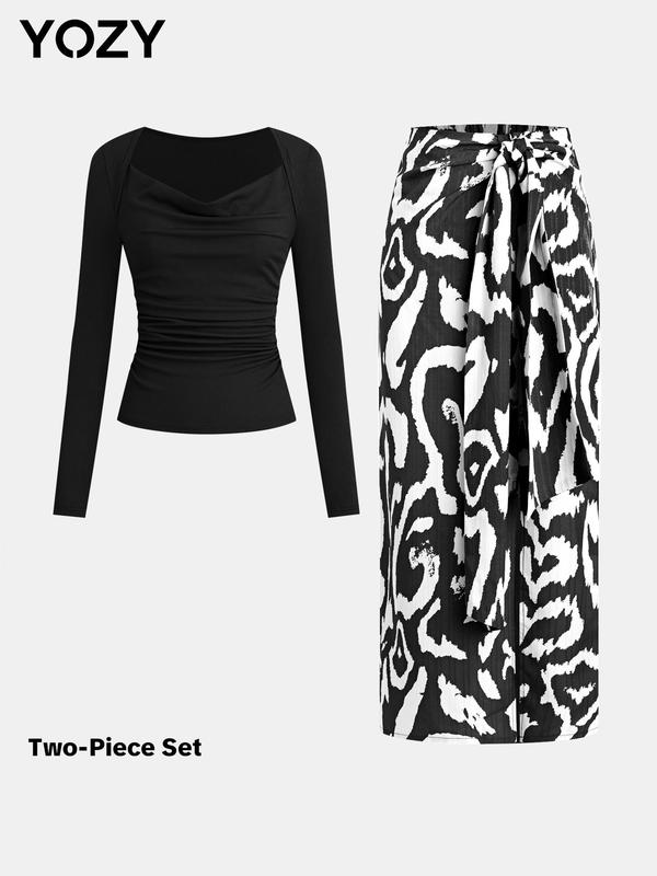 YOZY Cowl Neck Tee & Print Knot Front Skirt   Women's Casual Long Sleeve Top & Elastic Waist Split Hem Skirt, 2024 Women's Clothing for Spring & Fall