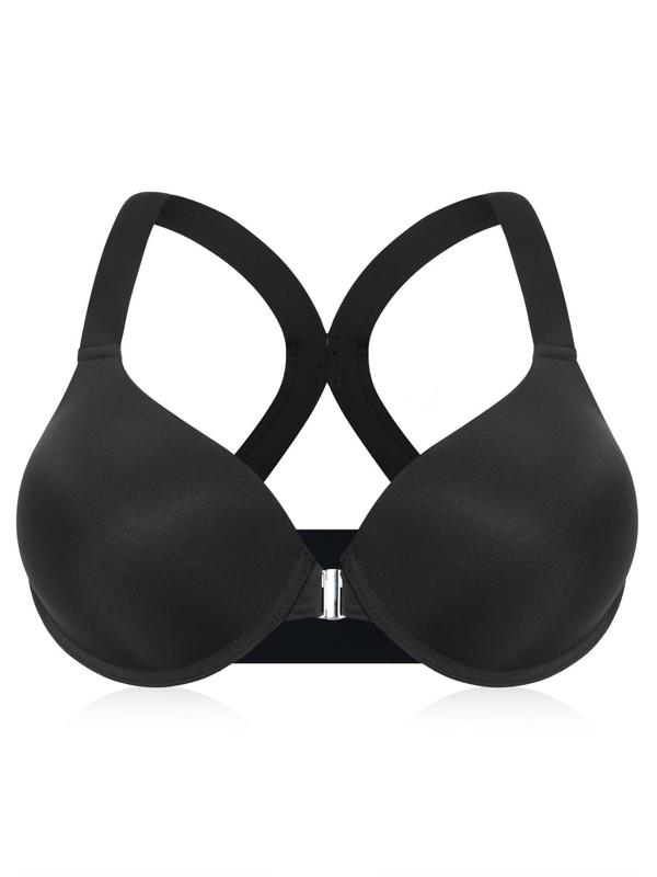  Solid Color Cut Out Back Push Up Bra, Breathable Buckle Front Underwire Bra for Daily Wear, Women's Lingerie for All Seasons Bridal