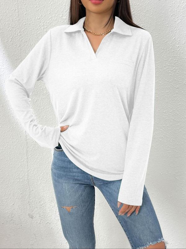 Women's Plain Pocket V Neck Polo Shirt, Casual Long Sleeve Collared Top for Spring & Fall, Ladies Clothes for Daily Wear