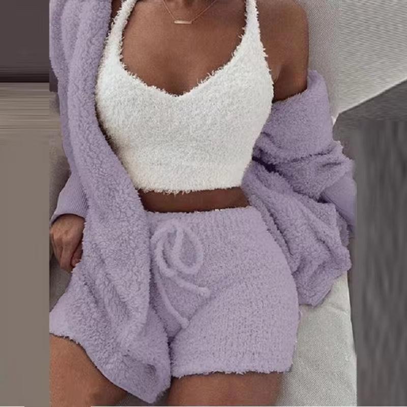 Vero Cozy Chic 3-Piece Fluffy Pajama Set Loungewear Nightwear pajama set Comfort Womenswear Soft Cropped comfy rompers