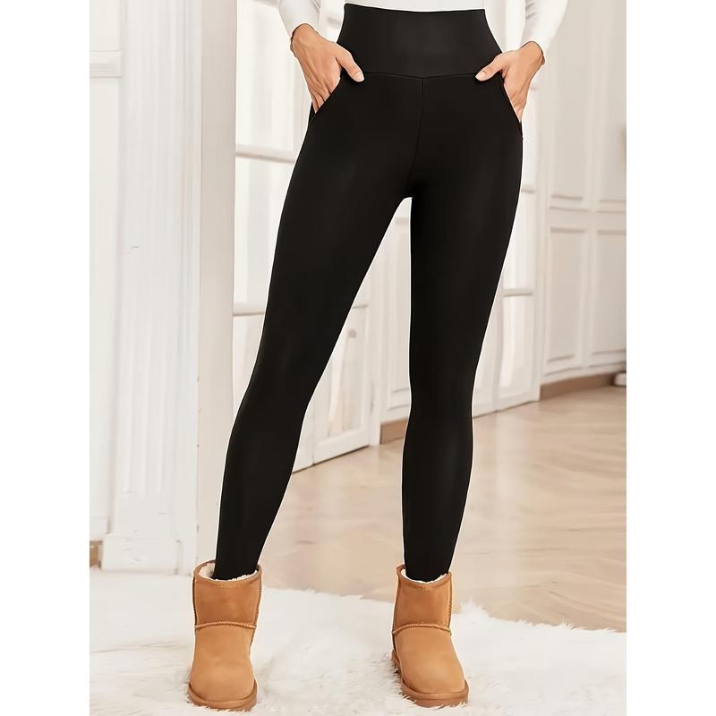 Cozy High-Waist Thermal Pocket Leggings for Women - Activewear Tights & Leggings with Soft Knitted Fabric, Solid Color, and Warmth for Autumn Winter - Perfect for Outdoor Activities and Casual Wear