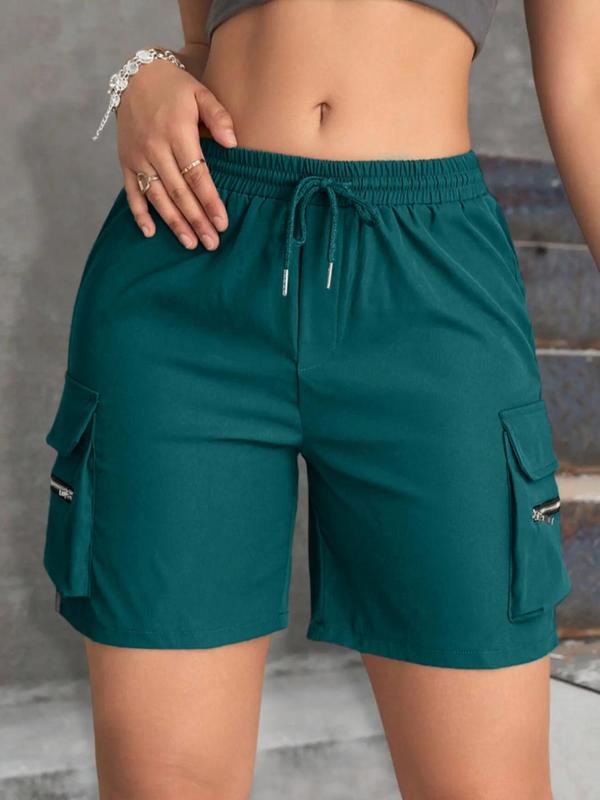 Women's Plain Zipper Drawstring Waist Shorts, Back To School Outfits, Casual Street Elastic Waist Pocket Straight Leg Shorts for Summer, Ladies Bottoms for Daily Wear