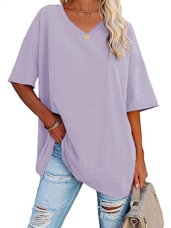  Solid Color Drop Shoulder Tee, Casual Half Sleeve V Neck T-shirt for Summer, Women's Clothing for Daily Wear