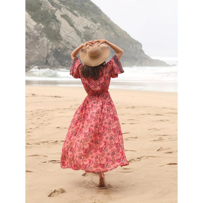 Boho Chic Plus Size Women's Long Robe with Full Print V-Neck Tie Waist - Perfect for Spring Summer Fall