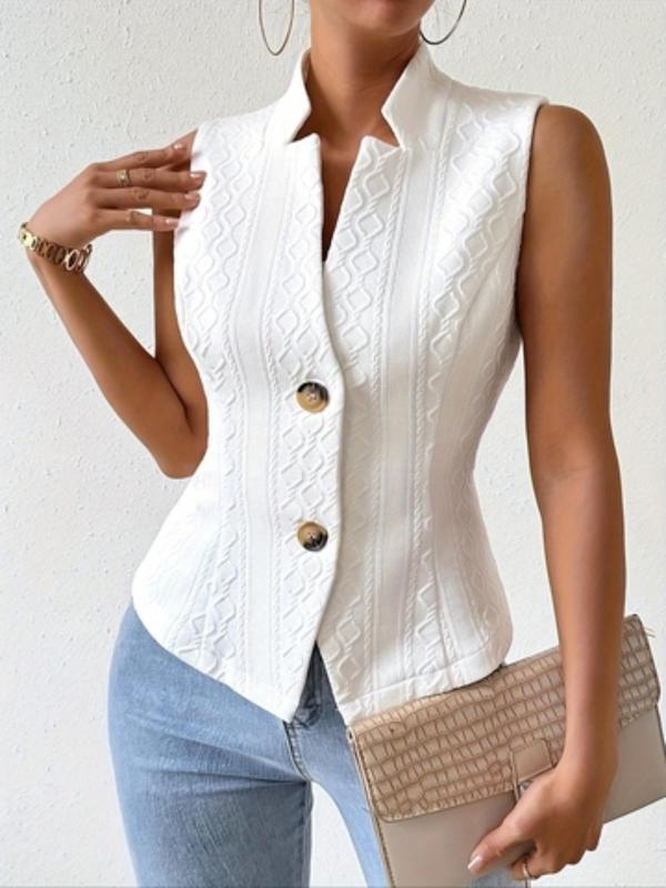 Women's Solid Textured Button Front Suit Vest, Casual Sleeveless Stand Collar Vest Jacket for Daily Wear, Ladies Clothes for All Seasons