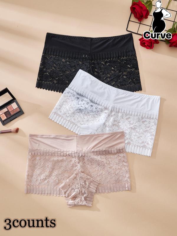  Contrast Floral Lace Boxer Brief, Soft Comfy Breathable Knicker for Daily Wear, Women's Underwear for All Seasons, Plus Size Knickers