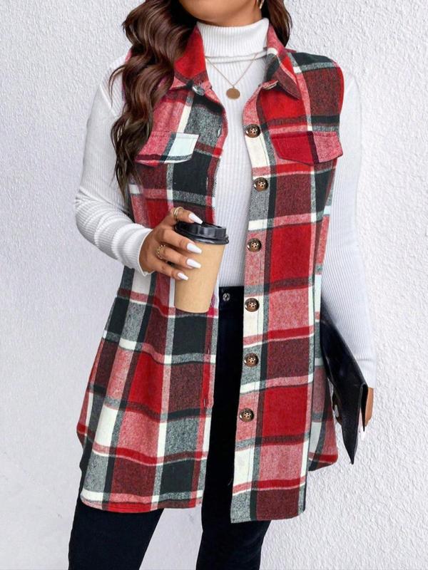  Plaid Print Button Front Pocket Vest Coat, Casual Sleeveless Collared Outerwear for Fall & Winter, Women's Clothes for Daily Wear