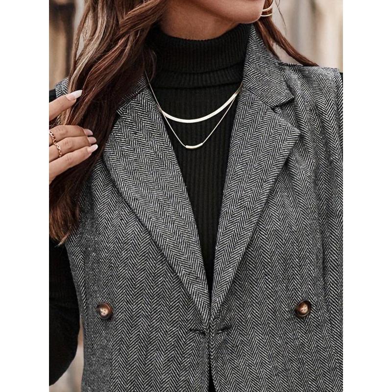 Women's All Over Herringbone Pattern Button Front Vest Blazer, Casual Lapel Neck Sleeveless Outerwear for Daily Wear, Ladies Clothes for All Seasons