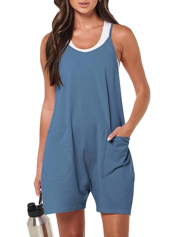 Women's Plain Pocket Scoop Neck Cami Romper without Tank Top, Casual Sleeveless Romper for Summer, Women's Clothes for Daily Wear