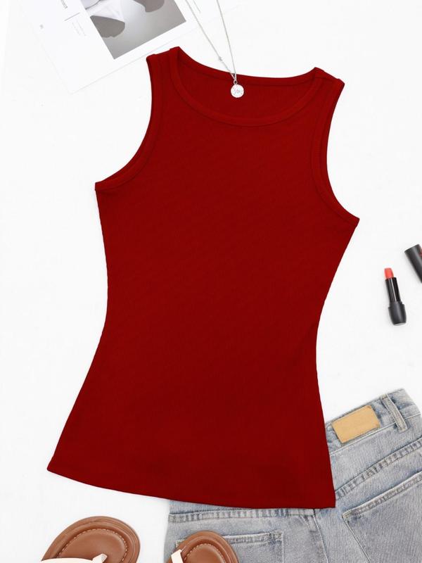 Women's Solid Round Neck Ribbed Tank Top, Casual Sleeveless Top for Summer, Ladies Clothes for Daily Wear