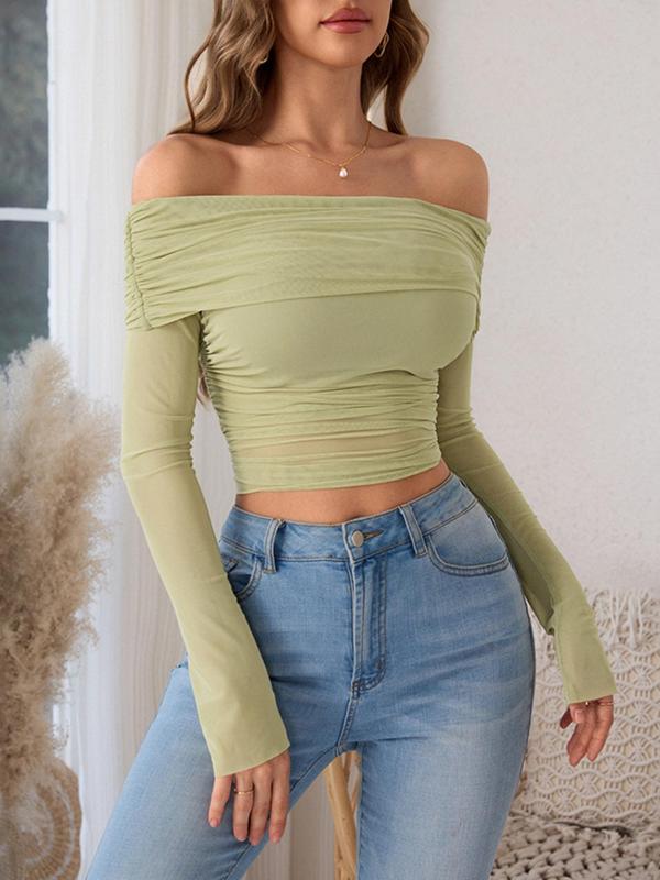 Women's Off Shoulder Ruched Sheer Mesh Top, Sexy Fashion Long Sleeve Top for Daily Wear, Ladies Clothes for All Seasons, Fall Clothes