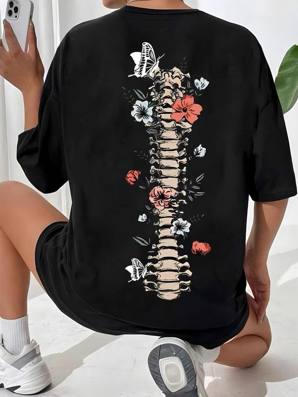 Women's Graphic Drop Shoulder Tee, Fashion Skeleton & Floral Print Half Sleeve T-shirt, Summer Tee Shirts, Going Out Tops 2000s