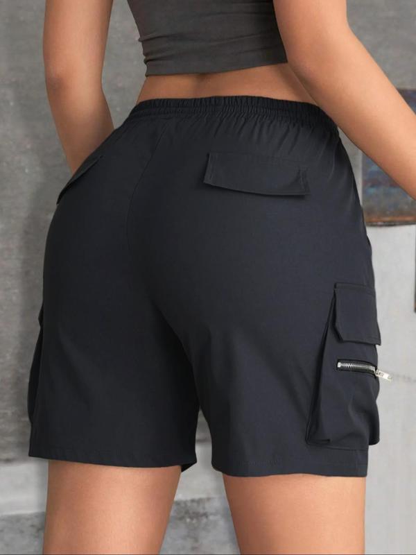 Women's Plain Zipper Drawstring Waist Shorts, Back To School Outfits, Casual Street Elastic Waist Pocket Straight Leg Shorts for Summer, Ladies Bottoms for Daily Wear