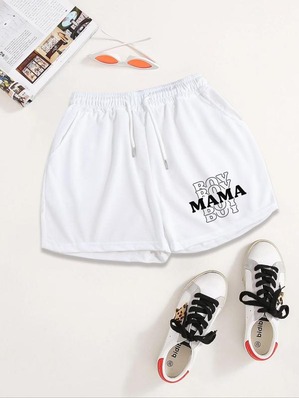 Women's Letter Print Drawstring Waist Shorts, Casual Pocket Elastic Waist Shorts for Summer, Ladies Bottoms for Daily Wear