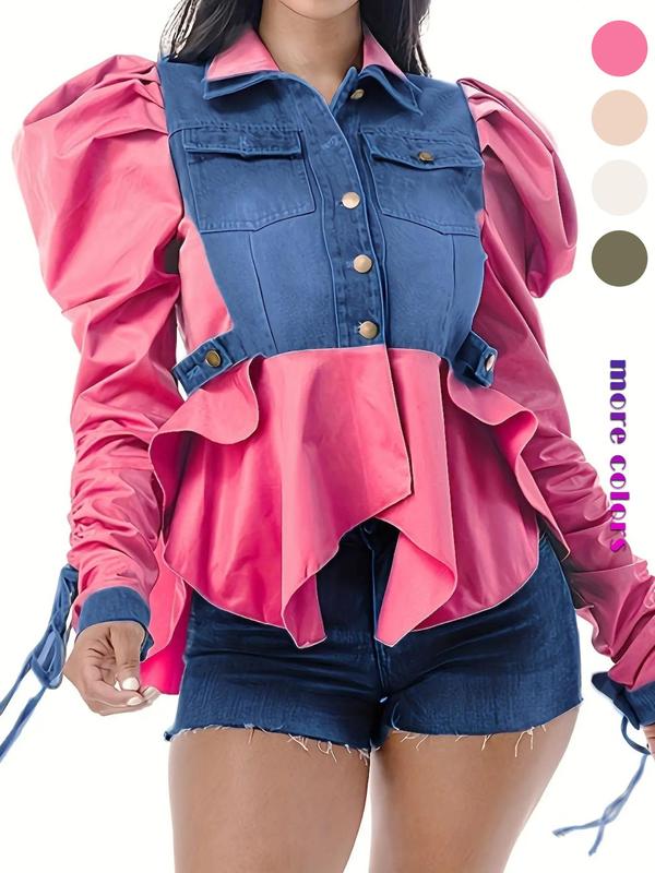 Women's Colorblock Ruched Knot Design Long Sleeve Button Front Blouse, Casual Leg-of-Mutton Sleeve Pocket Top for Spring & Fall, Women's Clothing