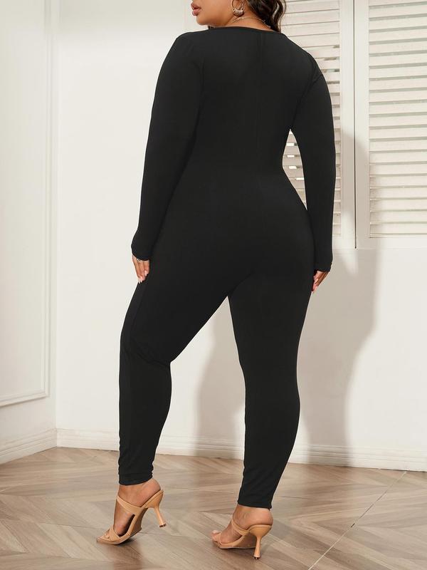 CURVZY Black Friday Deals Plus Size Solid Long Sleeve Square Neck Fall Aesthetic Skinny Jumpsuit, Casual Comfy One Piece Jumpsuit, Women's Plus Clothing for Daily Wear, Christmas 2024 Trend, Thanksgiving Clothes, Fall Clothes, Winter Clothes