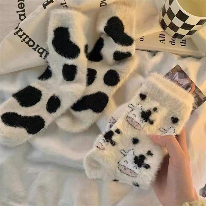 2 3 Pairs Cute Cow Fuzzy Socks, Women Warm Winter Slipper Soft Casual Cozy Fluffy Socks for Christmas Gift, Sleeping Thickened Plush Crew for Home